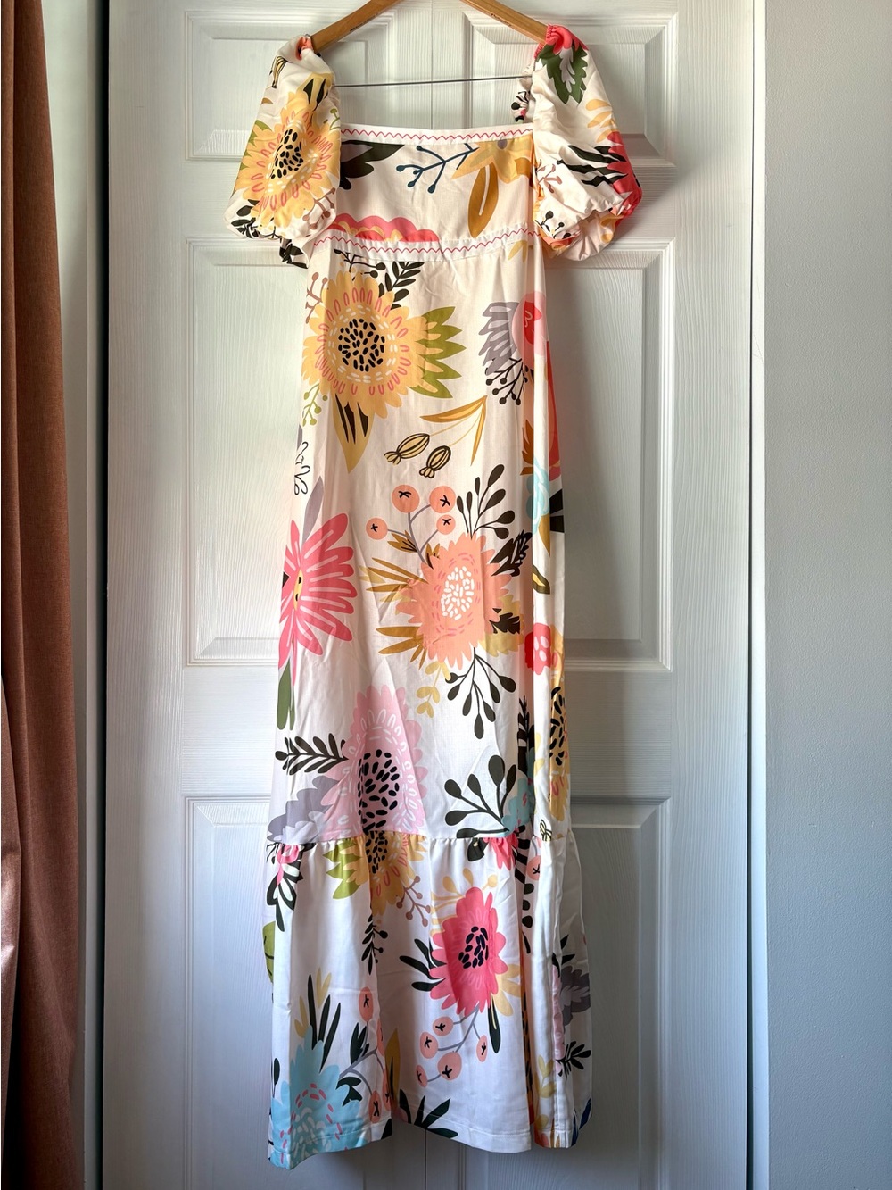 Floral Puff-Sleeve Maxi Dress - Pink, Yellow & Green, Size XL (tag)